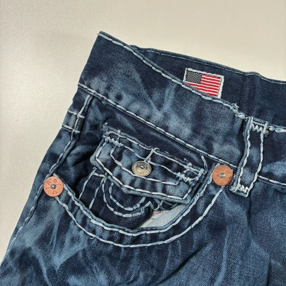 True Religion Jeans 34x33‎ Blue Denim Acid Wash Flap Pocket Thick Made in USA